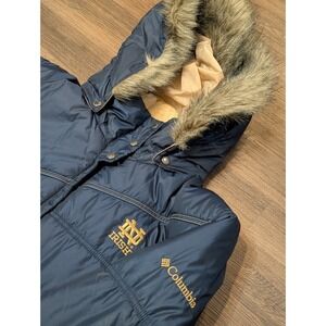 Columbia Notre Dame Fighting Irish L Navy Blue Puffer Jacket Faux Fur Hood